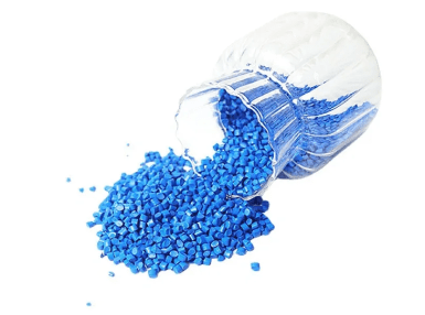 A plastic bottle filled with blue colored granules.