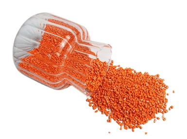 A plastic container filled with orange colored granules.